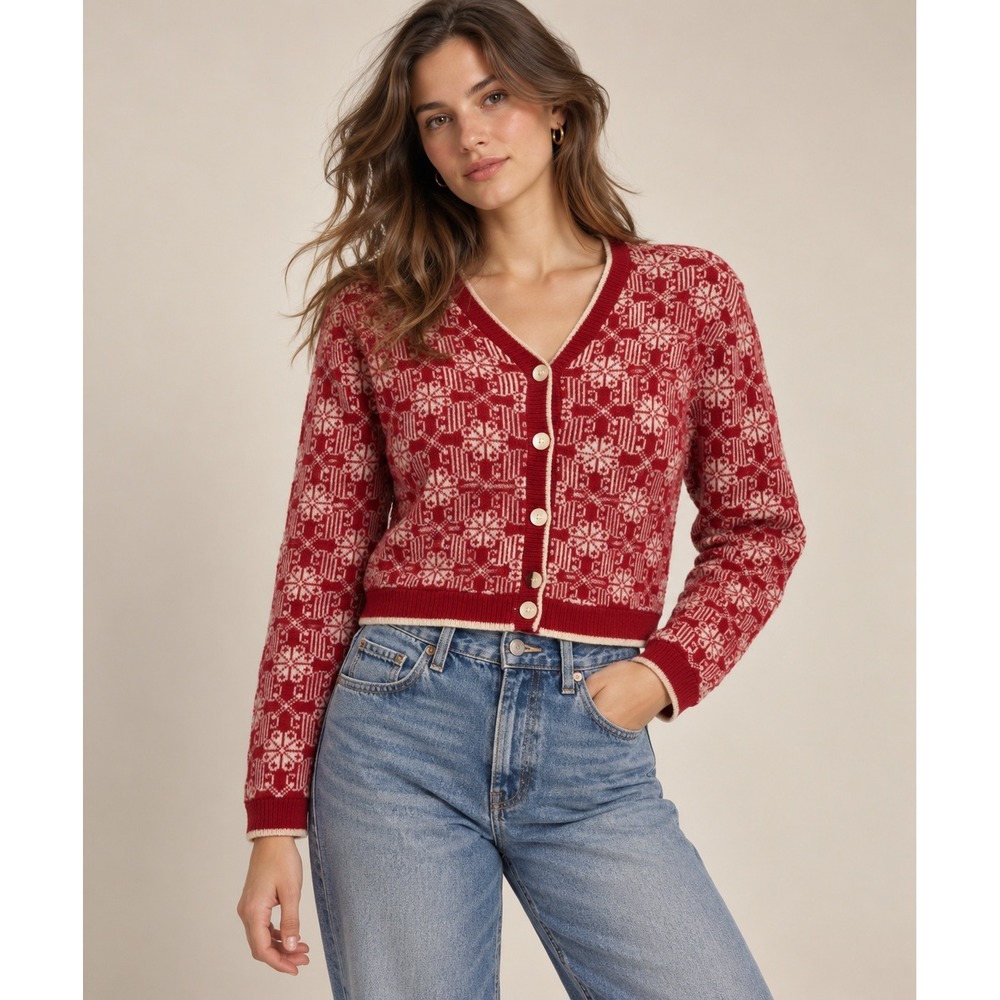 Gap Cardigan Women XS Red Vintage 90s Cropped Snowflake Lambswool Preppy Winter